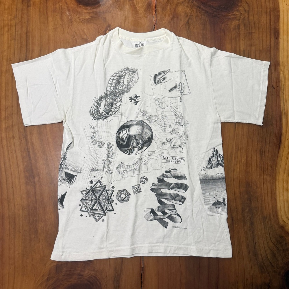 Vintage 1991 90s M.C. Escher T-Shirt L Andazia Single Stitch All over Print T3-9